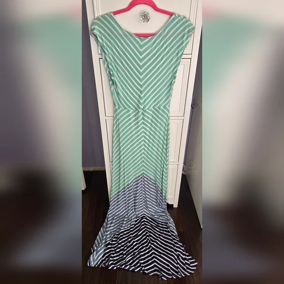 Jessica Simpson Maternity Mint and Blue Stripe Maxi Dress Size M - Picture 2 of 5